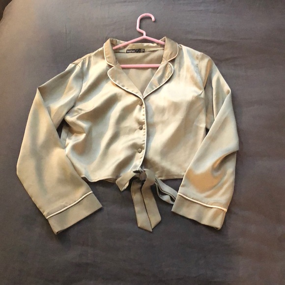 Green Silk Cropped Button Down - Picture 1 of 2